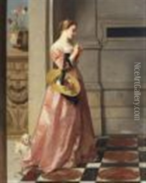 Lady Standing Full-length In A Pink Satin Dress With Small Dog In Attendance Oil Painting - Florent Willems