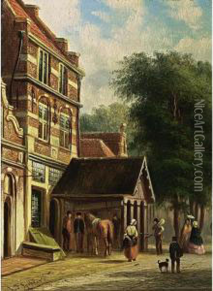 Figures In A Dutch Town Oil Painting - Johannes Franciscus Spohler