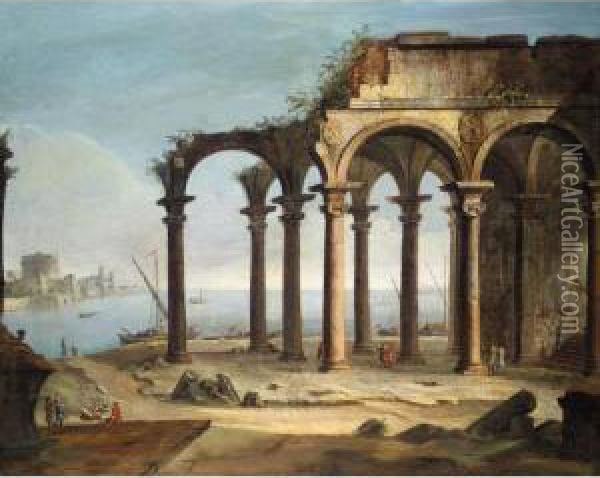 Capriccio Of Ruins Beside A Port With Figures And Boats, The Castel Sant'angelo And City Walls Beyond Oil Painting - G. G. Moretti