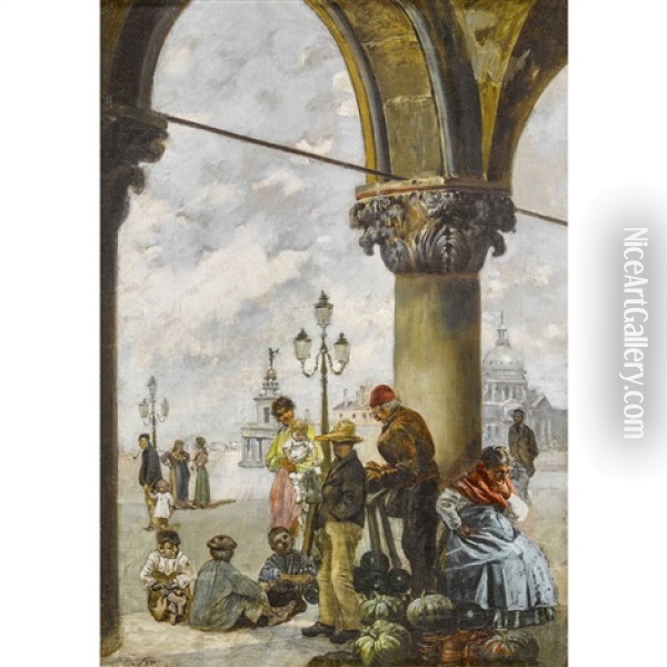 Gemuseverkaufer Unter Den Arkaden Der Piazzetta In Venedig Oil Painting - Francois Brunery