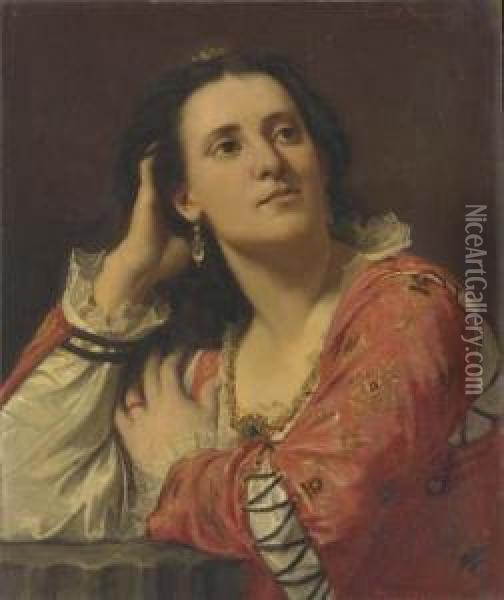 Portrait D'une Jeune Femme Accoudee A Une Colonne Oil Painting - Lionel Noel Royer