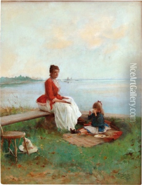 Frau Mit Kind Am See Oil Painting - Emile Auguste Pinchart
