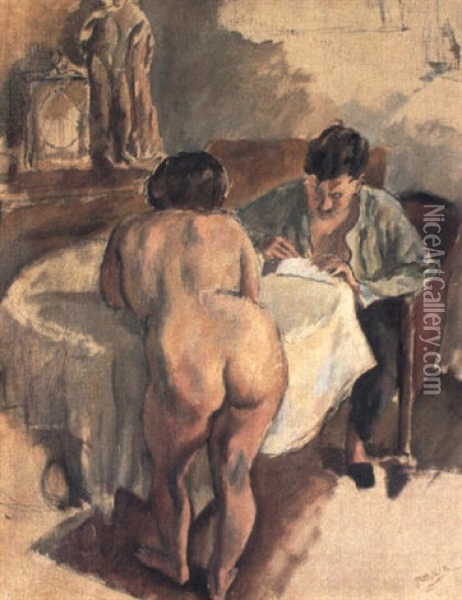 Peintre Et Modele Autour D'une Table Oil Painting - Jules Pascin