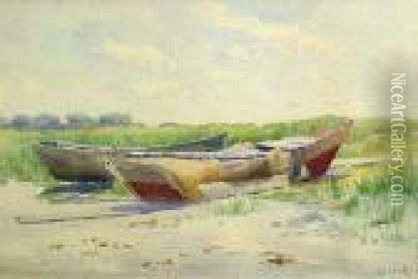 Boats On A Beach; Together With A Watercolor Of A Ship By Joseph T. Higgins (2) Oil Painting - John A. Cook
