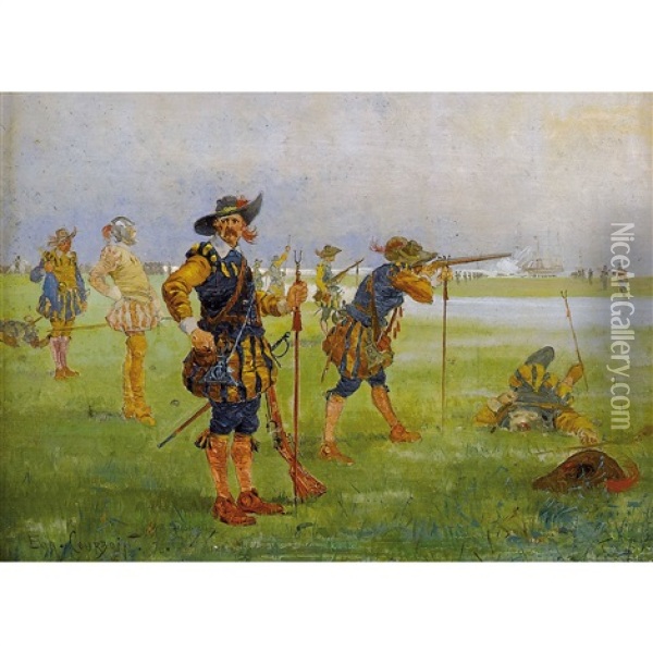 Historisierende Kriegsszene An Einer Kuste Oil Painting - Eugene Courboin