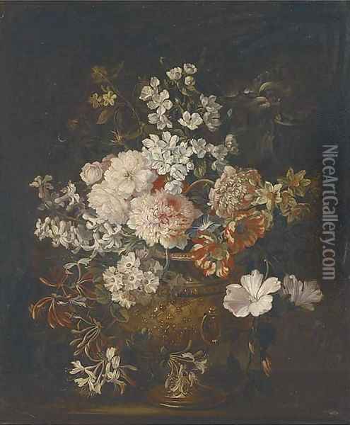 Chrysanthemums, peonies, narcissi, honeysuckle, hyacinth and other flowers in a sculpted urn on a ledge Oil Painting - Jean-Baptiste Monnoyer
