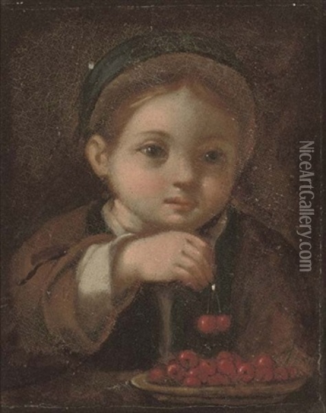 A Young Boy Eating Cherries Oil Painting - Antonio Mercurio Amorosi