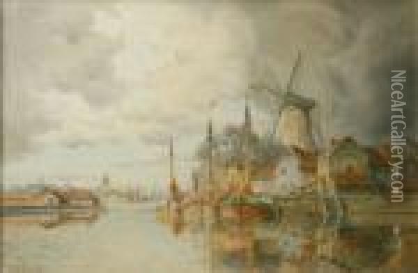 Louis Van Staaten Barges Moored Bya Windmill Near A Dutch Town Oil Painting - Hermanus Jr. Koekkoek