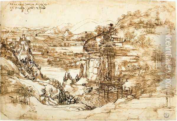 Landscape drawing for Santa Maria della Neve on 5th August 1473 Oil Painting - Leonardo Da Vinci