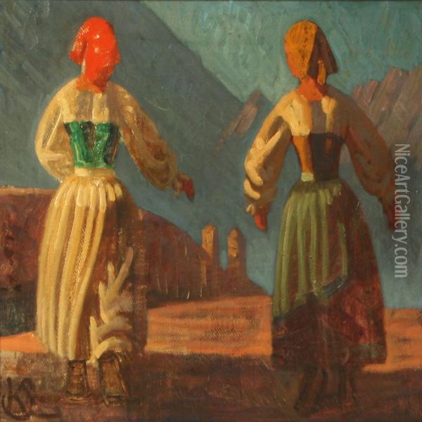 Two Italian Womenwalking Along The Town Wall Oil Painting - Knud Sinding