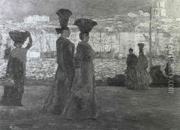 Three Women Beside Marseilles Quayside Oil Painting - Rene Pirola