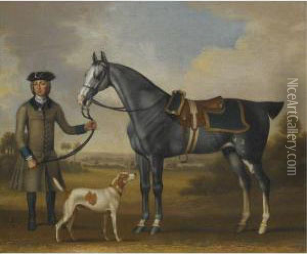 A Grey Hunter Held By A Groom With A Hound In A Landscape Oil Painting - James Seymour