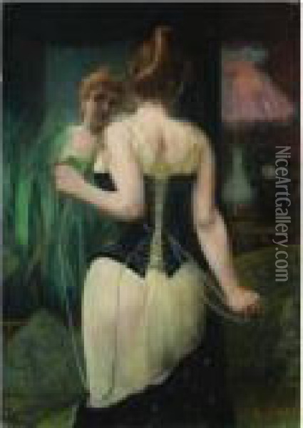 Jeune Femme Ajustant Son Corset Oil Painting - Pierre Carrier-Belleuse