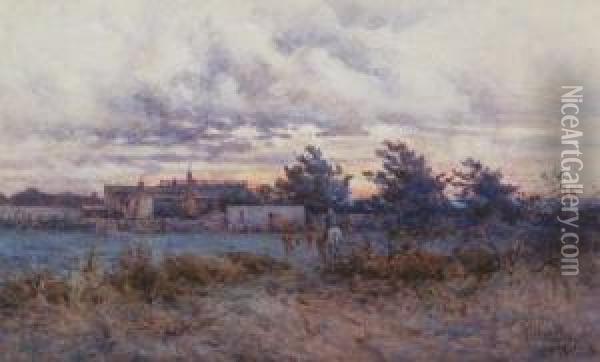 Pastoral Scene With Buildings And Farmer On Horseback Oil Painting - Arthur Merric Boyd