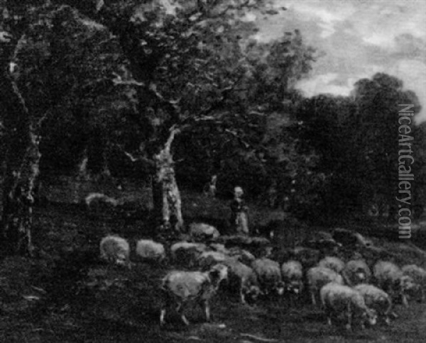 Shepherdess And Flock Oil Painting - James Desvarreux-Larpenteur