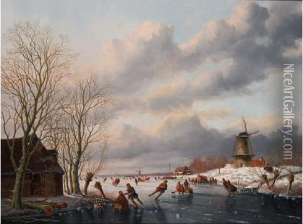 A Winter Landscape With Skaters On A Frozen River, A Windmill Beyond Oil Painting - Anthony Andreas De Meijier