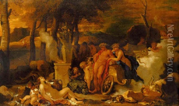 Bacchus And Ariadne With Bacchantes By An Altar In A Landscape Oil Painting - Sebastien Bourdon