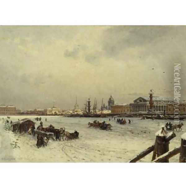 View of St. Petersburg in winter, with the cuppola of St. Isaac's Cathedral in the distance 1878 Oil Painting - Aleksandr Karlovich Beggrov