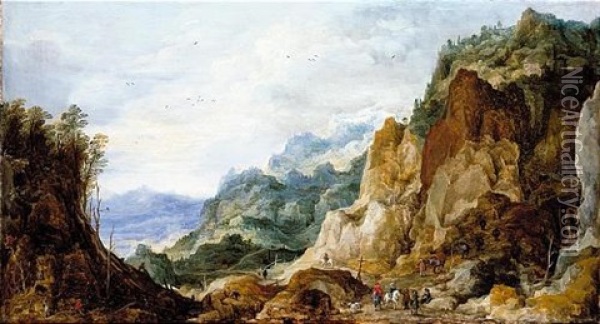 A Panoramic Mountainous Landscape With Journeymen Giving To The Poor, Packhorses Beyond Oil Painting - Joos de Momper the Younger
