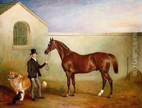Mr Meakin holding Sir Robert Peels Chestnut Hunter with his dogs Hector and Jem Oil Painting - John Snr Ferneley
