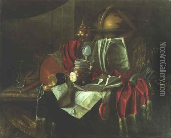 A Globe, Books, Documents And Other Objects On A Partially Draped Table Oil Painting - Cornelis Norbertus Gysbrechts