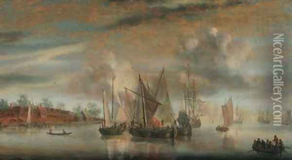 A calm Wijdships and a threemaster at anchor in a river estuary, at sunset Oil Painting - Abraham de Verwer
