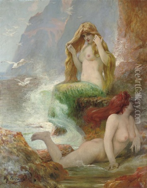 Mermaids At The Shore Oil Painting - Henry Paul Perrault