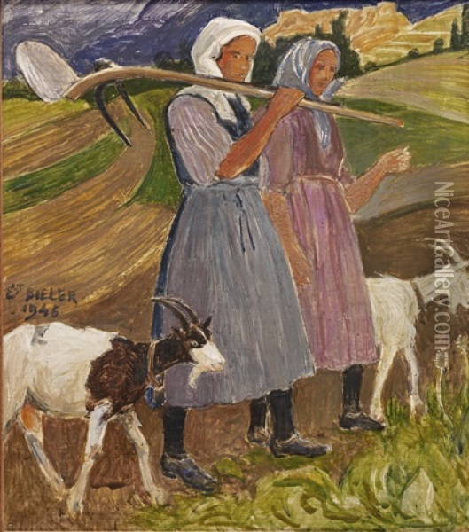 Deux Paysannes Avec Chevres Oil Painting - Ernest Bieler