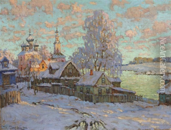 View Of The Church Of Boris And Gleb, Kostroma, Winter Oil Painting - Konstantin Ivanovich Gorbatov