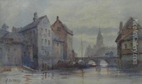Continental Bridge And Townscape Oil Painting - Paul Marny