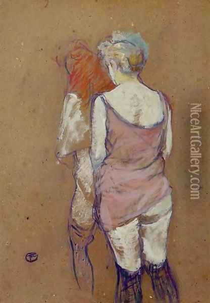 Two Half Naked Women Seen From Behind In The Rue Des Moulins Brothel Oil Painting - Henri De Toulouse-Lautrec