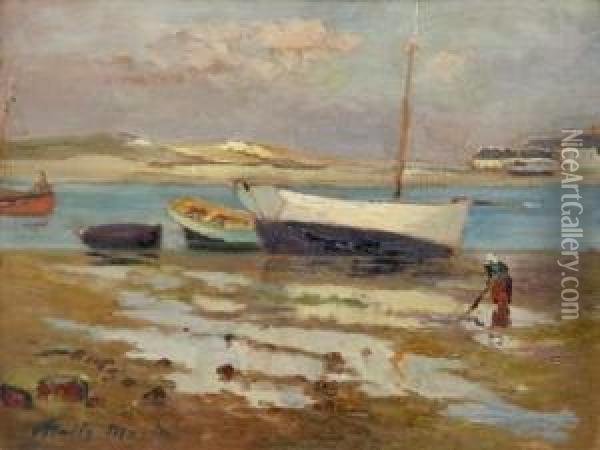 Navires Echoues Dans La Baie Oil Painting - Vitalis Morin