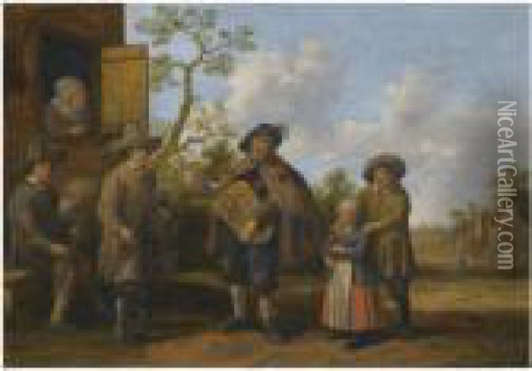A Hurdy-gurdy Player And Other Musicians Before A Cottage Oil Painting - Joost Cornelisz. Droochsloot