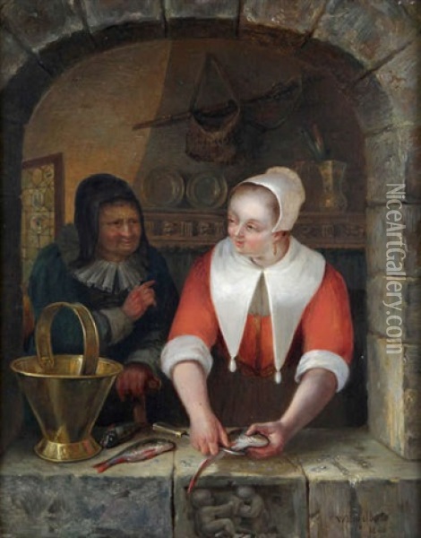 Jeune Servante Nettoyant Un Poisson Dans La Fenetre Oil Painting - Willem Jodocus Mattheus Engelberts