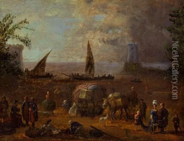 Vue D'un Port Avec Des Marchands Orientaux, Un Couple D'elegants, Et Des Animaux Charges Oil Painting - Jean II Cotelle