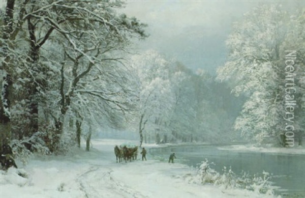 Vinterlandskap Med Isbargare Och Hastekipage Oil Painting - Anders Andersen-Lundby