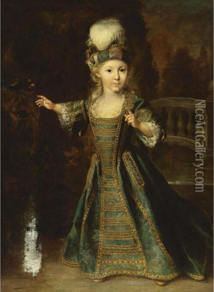 A Portrait Of A Young Boy, Standing Full Length, Wearing A Blue With Golden Embroidery Dress And A Hat With Feathers, In A Park Setting, Together With A Parrot Oil Painting - Theodorus Netscher
