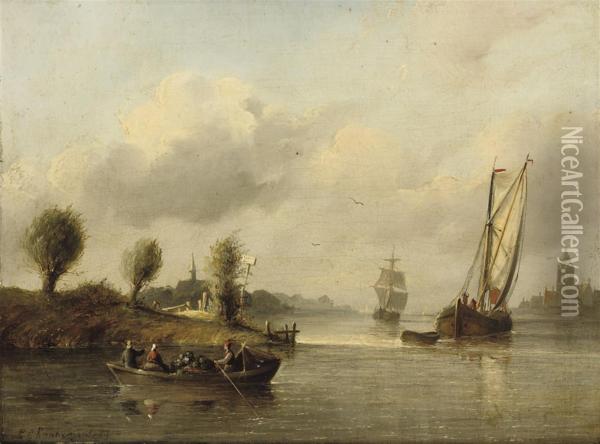 Boats In A Calm Near A Town Oil Painting - Christiaan Cornelis Kannemans