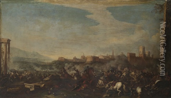 Battaglia Di Cavallerie Su Sfondo Di Citta (after Borgonone) Oil Painting - Pandolfo Reschi