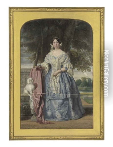 A Large Portrait Miniature Of A Lady (lady-in-waiting To Queen Victoria?), In A Landscape, In Lilac Silk Dress Embroidered With Flowers Oil Painting - Eduardo De Moira