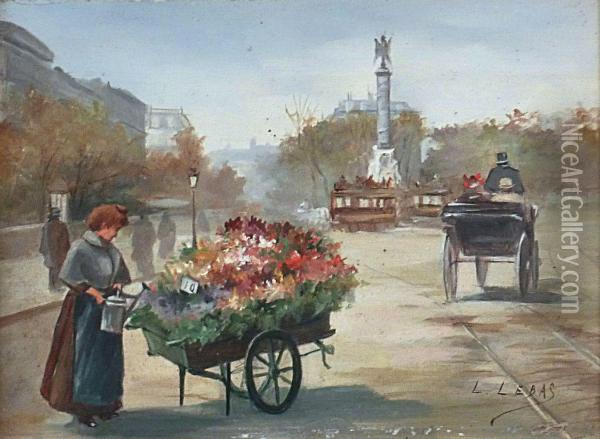 Paris,marchands De Fleurs Et Passants Sous La Pluie Oil Painting - Leonie Lebas