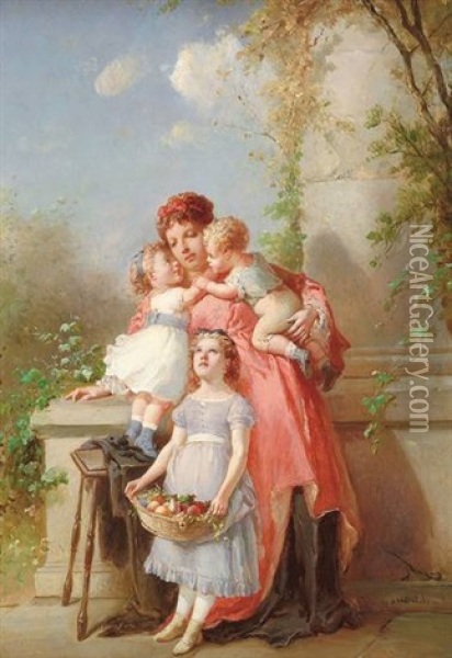 Mutter Mit 3 Kindern Vor Steinerner Balustrade An Einem Sommertag Oil Painting - Francois-Louis Lanfant