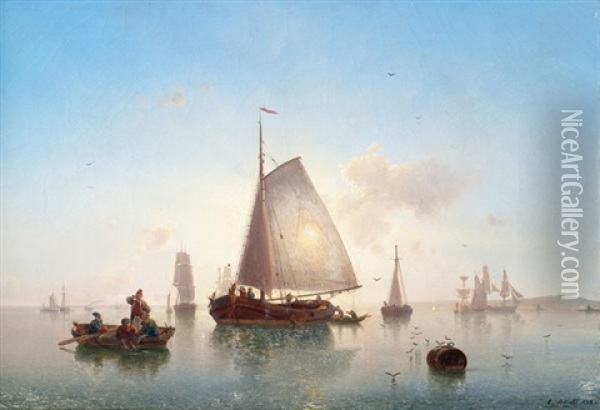 Segelschiffe Vor Abendlicher Kustenlandschaft Oil Painting - Karl Adloff