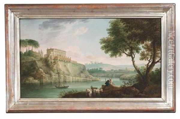 Ziegenhirten An Den Ufer Eines Flustales, Auf Der Anhohe Eine Italienische Villa Oil Painting - Jacob Philipp Hackert