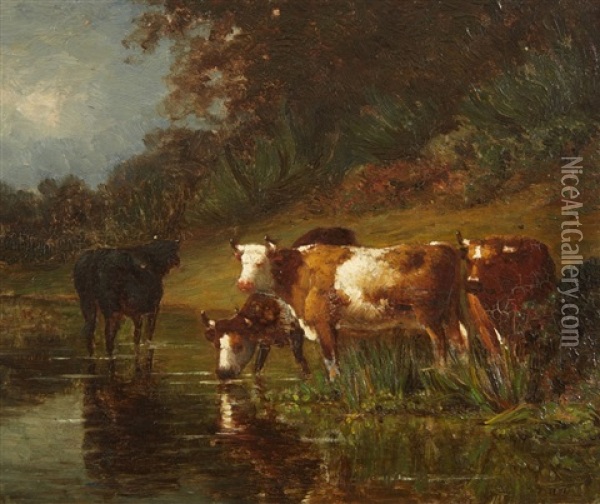 Cows Drinking From A Stream Oil Painting - Louis-Victor Legentile