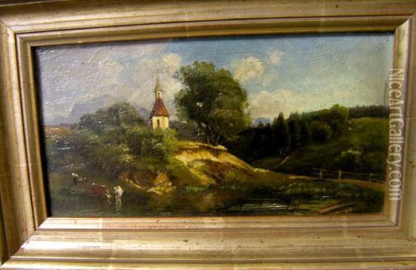 Kuhe Am Teich Vor Gebirgskapelle Oil Painting - Ludwig Gebhardt