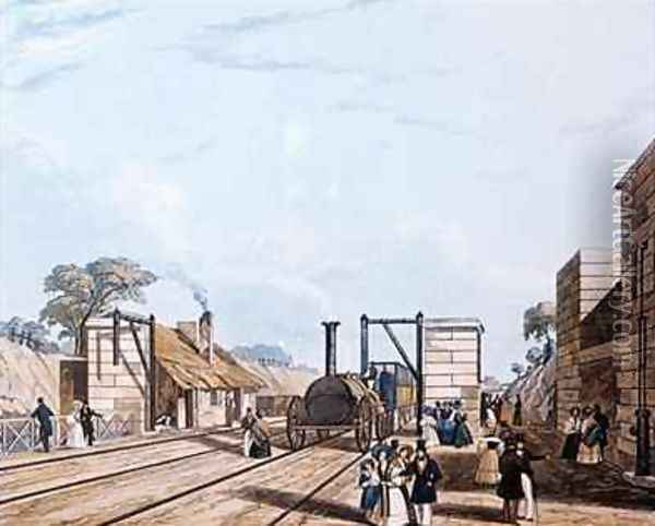 Liverpool and Manchester Railway Taking water at Parkside Oil Painting - Daniel and Robert Havell