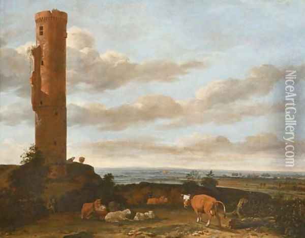 A shepherd with cattle and sheep by a tower in a panoramic landscape Oil Painting - Anthonie Van Borssom