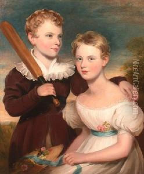 *ortrait, Half Length Of A Young
 Boy Holding A Cricket Bat And A Seated Young Lady In A Landscape Oil Painting - Margaret Sarah Carpenter