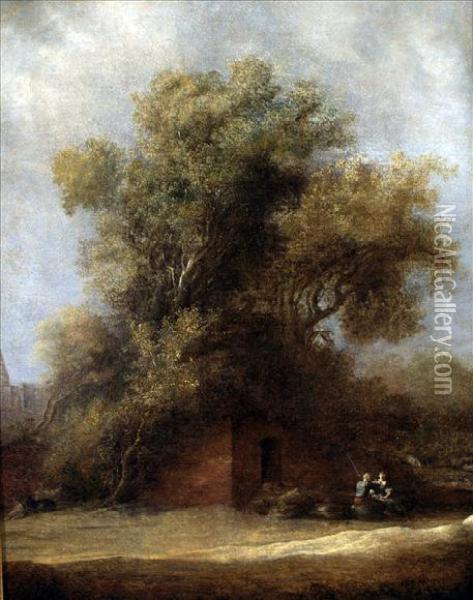 Figures Seated Near A Rustic Dwelling Beneath A Walnuttree Oil Painting - Salomon van Ruysdael
